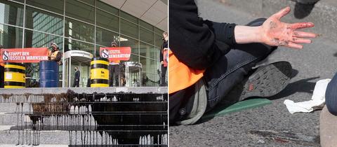 Kombination aus zwei Fotos: links stehen Aktivist:innen vor dem Gebäude der Commerzbank, vor ihnen Ölfässer und eine Lache einer dunklen Flüssigkeit, welche die Stufen herunterläuft. Rechts eine Nahaufnahme einer verletzten Hand, vor ihr liegt auf dem Boden ein Papier mit der Aufschrift "Angeklebt".