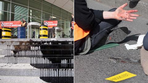 Kombination aus zwei Fotos: links stehen Aktivist:innen vor dem Gebäude der Commerzbank, vor ihnen Ölfässer und eine Lache einer dunklen Flüssigkeit, welche die Stufen herunterläuft. Rechts eine Nahaufnahme einer verletzten Hand, vor ihr liegt auf dem Boden ein Papier mit der Aufschrift "Angeklebt".