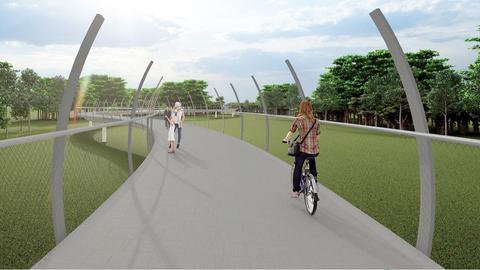Photorealistische Entwurfsgrafik/Simulation eines Blickes in eine Brücke, die sich durch eine grüne Umgebung schlängelt und auf welcher eine Radfahrerin und Gehende zu sehen sind.