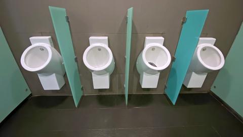 Urinale in der öffentlichen Toilette am Frankfurter Paulsplatz.