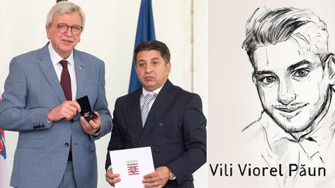 Ministerpräsident Bouffier mit Niculescu Păun, dem Vater des getöteten Vili Viorel Păun. Daneben eine Porträt-Skizze des Anschlagsopfers. 