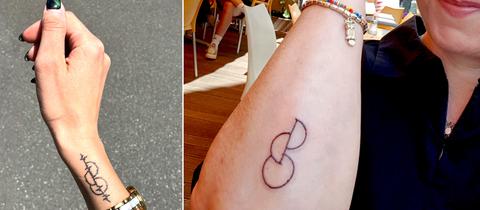 Kombination aus zwei Fotos nebeneinander: links ein Handgelenk mit einem Tatoo, rechts ein Unterarm mit einem ähnlichen Tatoo.