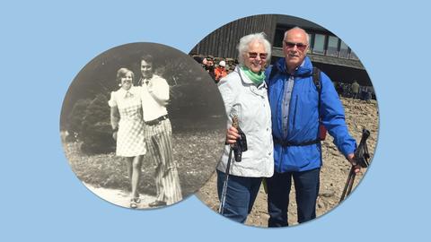 Collage aus zwei Fotos, die kreisrund ausgeschnitten, nebeneinander, leicht überlappend auf eine blaue Fläche gesetzt wurden. Links eine Frau und ein Mann in jungen Jahren und in s/w, rechts eine Frau und ein Mann in ihrern Sechzigern Skikleidung - in Farbe.