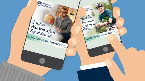 Grafik mir zwei Händen, die jeweils ein Smartphone halten: Auf den Smartphones sind Anzeigen, auf denen junge Menschen - einer auf dem Rad, einer vor eine Playstation - dargestellt und daneben steht: "Zocken, Ausschlafen, Spätdienst" und "Mehr Zeit für mein Bike". 