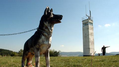 Ein lebensgroßes Modell eines Schäferhundes vor einem Wachturm