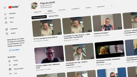 Screenshot eines YouTube-Accounts mit dem Titel "Frag uns doch". In den zahlreichen Vorschaubildern ist fast immer derselbe Mann zu sehen.