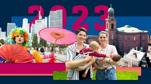 Collage aus verschiedenen Farbflächen und Fotos. Z.B. im Vordergrund zwei Frauen mit zwei Kleinkindern, ein Eindruck der bunten CSD-Parade und eine Aufnahme der Paulskirche aus der Vogelperspektive. 