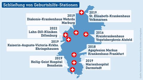 Die Karte zeigt die Krankenhäuser in Hessen, an denen Geburtshilfe-Stationen geschlosssen werden.