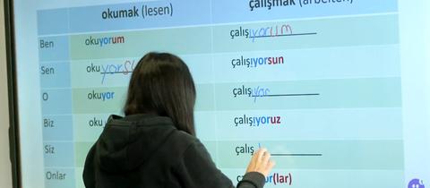 Eine Person (von hinten fotografiert) steht vor einem Smartboard, auf dem Verben der türkischen Sprache in einer Tabelle angeordnet sind. 