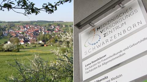 Bildkombination: links Fernansicht eines Dorfes in der Landschaft, rechts Nahaufnahme eines Schildes an einer Hauswand auf welchem "Medizinisches Versorgungszentrum Schwarzenborn" und darunter Ärztenamen und-bezeichnungen stehen.