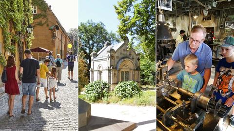 Drei Bilder in Kombination: links spazieren Menschen in Straßen mit historischen Gebäuden, mittig Foto eines kleinen Mausoleums auf einem Friedhof, rechts Foto, das einen Vater mit zwei Kindern an einer alten Maschine zeigt.