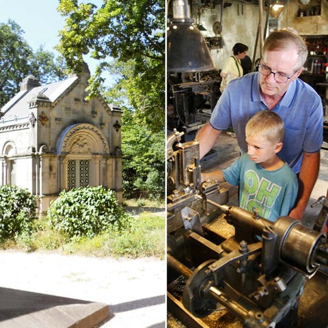 Drei Bilder in Kombination: links spazieren Menschen in Straßen mit historischen Gebäuden, mittig Foto eines kleinen Mausoleums auf einem Friedhof, rechts Foto, das einen Vater mit zwei Kindern an einer alten Maschine zeigt.