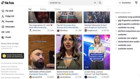Screenshot einer Übersichtsseite von TikTok zur Suche nach "Ausländer rau"