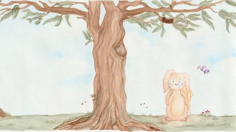 Titelseite Buch "Das tapfere Häschen". Ein Hase steht neben einem Baum.
