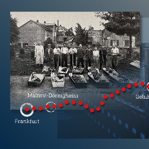 Collage aus Verschidenen Elementen: Ein historische Bild -Mitmenschen, Vordengeöffnet Särgesthe; EineaußenSichtesgewerbegebäudesmit Dem Schriftzug "Adlerwerke"Eine Linie aus Roten Punkten, Entlang Welcher Ortsnamen Wie "Frankfurt",,,,, "Döringheim aufrechterhalten",,,,, "Gelnhausen" Und "Ah" Stan.
