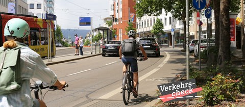 Blick in eine vierspurige Straße, daneben Radspur und Tramlinie. Radfahrer, eine Tram in Anfahrt und zwei Autos sind zu sehen. Auf dem Bild rechts unten eine kleine Grafik mit dem Wort "Verkehrs-Check".