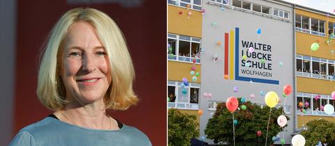 Bildkombination aus zwei Fotos: links Portrait von Katrin Eigendorf; rechts Außenansicht des Gebäudes der Walter-Lübcke-Schule, davor viele Kinder, die Luftballons steigen lassen.