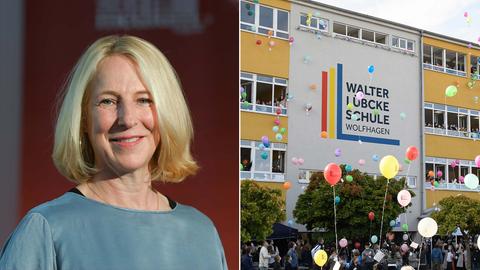 Bildkombination aus zwei Fotos: links Portrait von Katrin Eigendorf; rechts Außenansicht des Gebäudes der Walter-Lübcke-Schule, davor viele Kinder, die Luftballons steigen lassen.