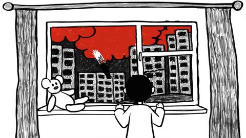 Grafik mit einem Kind an einem offenen Fenster, im Hintergrund fällt eine Bombe