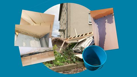 Foto, die Wasserschäden in Wohnräumen und Müllablagen vor einem Gebäude zeigen, sind auf einer türkisfarbenen Fläche collageartig zusammengestellt.