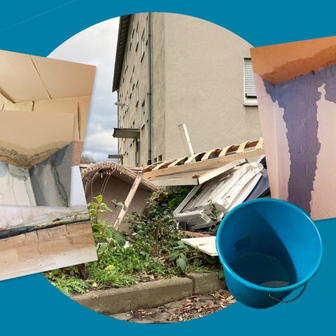 Foto, die Wasserschäden in Wohnräumen und Müllablagen vor einem Gebäude zeigen, sind auf einer türkisfarbenen Fläche collageartig zusammengestellt.