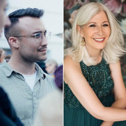 Das Bild zeigt eine Collage aus drei Fotos. Zu sehen sind zwei Männer mit dunklen Haaren und Brille und eine blonde Frau. 