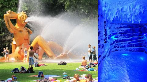 Kombo; wasserspeiendes Objekt im Park und die Eishöhle in Marburg