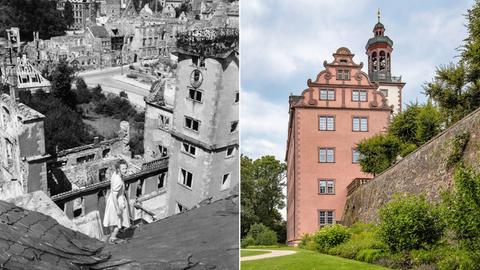 Kollage aus zwei Bildern. Links: ein Schwarzweißbild einer historischen Ruine. Rechts: das Schlossmuseum von außen in seiner heutigen Pracht.