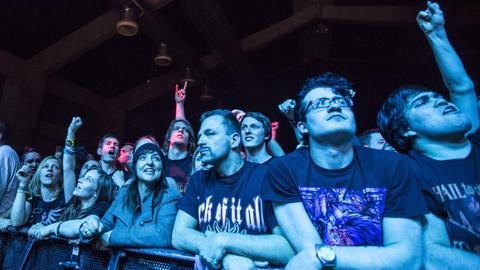 Junge Metal-Fans in blaues Licht getaucht bei einem Konzert.