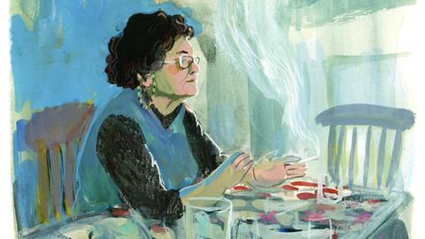 Eine Comiczeichnung zeigt eine Frau, die an einem Tisch sitzt