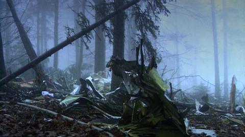 Das Bild zeigt einen dunklen Wald, in dem Trümmerteile eines Flugzeugs liegen.