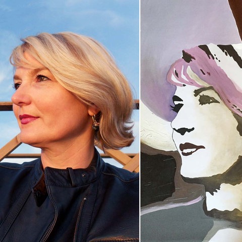 Die Bildkombination aus drei Bildern zeigt in der Mitte ein Foto einer Frau im Halbprofil und rechts und links daneben zwei Portraits mit künstlerischen Techniken hergestellt . Einmal die Frau, die daneben fotgrafisch abgebildet ist und eine berühmte Schauspielerin.