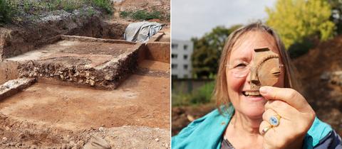 Bildkombination aus zwei Fotos: links eine Ausgrabungsstätte und rechts eine Frau, die eine gefundene Tonscherbe vor ihr Gesicht hält und in die Kamera lacht.