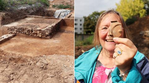 Bildkombination aus zwei Fotos: links eine Ausgrabungsstätte und rechts eine Frau, die eine gefundene Tonscherbe vor ihr Gesicht hält und in die Kamera lacht.