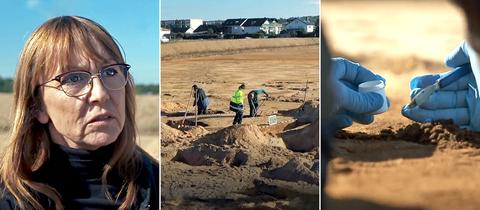 Collage: Archäologin, Blick auf die Ausgrabungsstätte, Hände in blauen Handschuhen graben im Boden