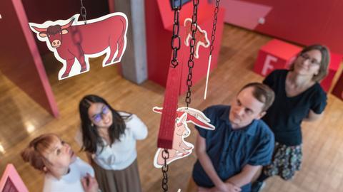 Von der Decke hängt ein Mobile mit Tierbildern. Darunter stehen Museumsbesucher.