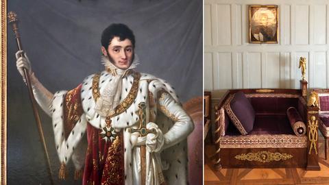 Bildkombination aus zwei Fotos: links gemaltes Portrait von Jerome Bonaparte, rechts Foto eines historischen Sofas.