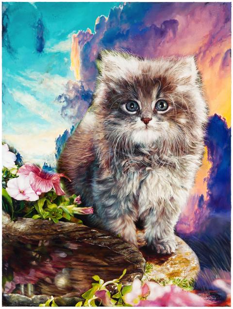 Gemälde einer Katze vor buntem Hintergrund.