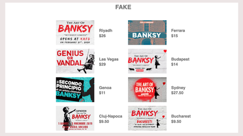 Der Screenshot der Website von Banksy zeigt eine Auflistung mehrerer Ausstellungsplakate und daneben den Eintrittspreis. Darüber ist "Fake" zu lesen.
