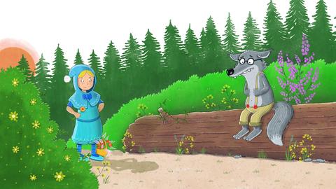 Zeichnung: Mädchen mit blauem Umhang trifft auf einem Waldweg einen traurigen Wolf mit Brille.
