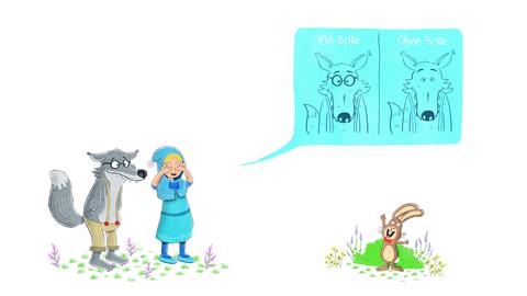 Zeichnung von Blaukäppchen, dem Wolf und einem Hasen.
