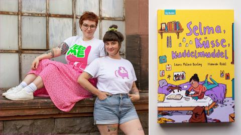 Bildkombination: links Laura Melina Berling und Hannah Rödel im Portrait und rechts daneben ihr Buch "Selma, Küsse, Kuddelmuddel"