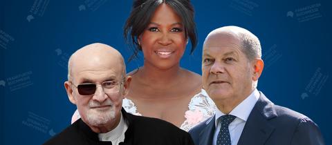 Portraits von Salman Rushdie, Motis Mabuse und Olaf Scholz als Collage zusammengefasst auf einem blauen Hintergrund mit halbtransparenten kleinen Buchmessen-Logos.