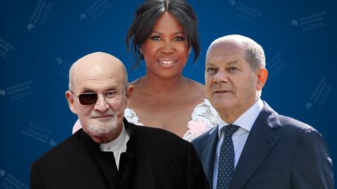 Portraits von Salman Rushdie, Motis Mabuse und Olaf Scholz als Collage zusammengefasst auf einem blauen Hintergrund mit halbtransparenten kleinen Buchmessen-Logos.