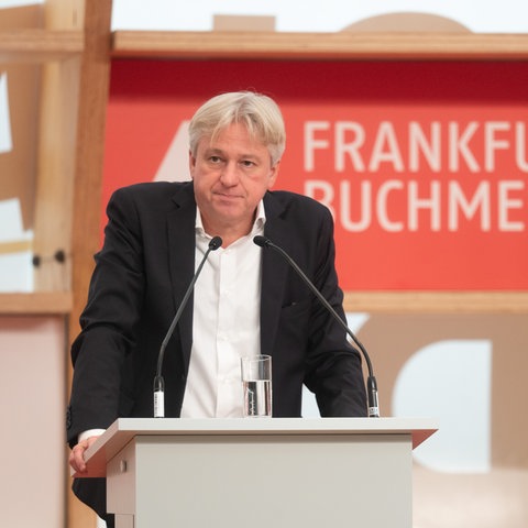 Juergen Boos, Direktor der Buchmesse bei der Pressekonferenz zur Eröffnung der Buchmesse 2022.