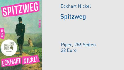Buchcover "Spitzweg": Ein schick gekleideter Mann vor einer Naturlandschaft. Titel in pinkem Schriftzug. 
