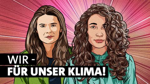 Ein Zeichnung der Authorinnen Luisa Neubauer und Jasmin Schreiber Bildtext: Wir - für unser Klima 