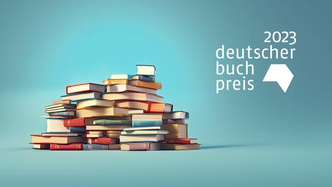 Ein Bücherstapel neben dem Logo der Buchpreises 2023