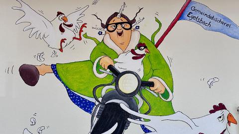 Zeichnung "Meine Oma fährt im Hühnerstall Motorrad"