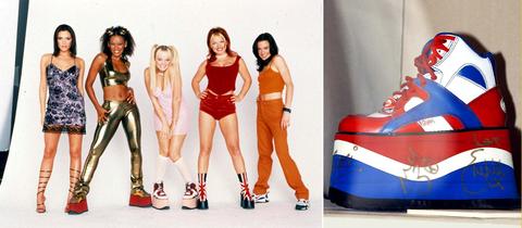 Bildkombination aus zwei Fotos: links die Spice Girls, die zum Teil Buffalo Boots tragen; recht ein Turnschuh mit sehr hoher Plateausohle in Nahaufnahme.